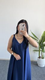 Shaya Asimetrik Kesim Bambu Elbise -Lacivert - Görsel 3