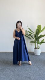 Shaya Asimetrik Kesim Bambu Elbise -Lacivert