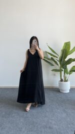 Shaya Asimetrik Kesim Bambu Elbise - Siyah - Görsel 4