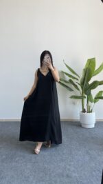 Shaya Asimetrik Kesim Bambu Elbise - Siyah - Görsel 5