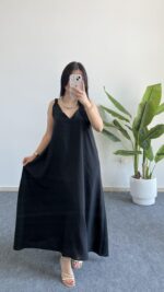 Shaya Asimetrik Kesim Bambu Elbise - Siyah - Görsel 3