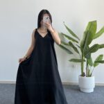 Shaya Asimetrik Kesim Bambu Elbise - Siyah