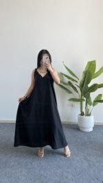 Shaya Asimetrik Kesim Bambu Elbise - Siyah