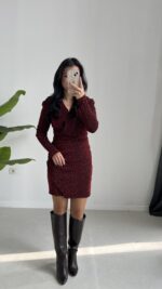 Simli Vatkalı Elbise - Bordo - Görsel 2