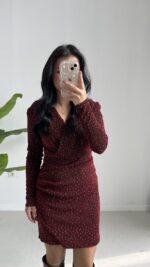 Simli Vatkalı Elbise - Bordo - Görsel 3