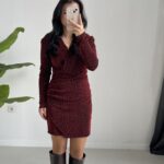 Simli Vatkalı Elbise - Bordo