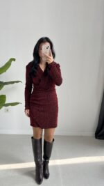 Simli Vatkalı Elbise - Bordo