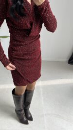 Simli Vatkalı Elbise - Bordo - Görsel 6