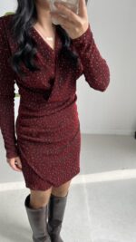 Simli Vatkalı Elbise - Bordo - Görsel 4