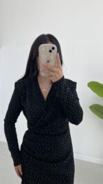 Simli Vatkalı Elbise - Siyah - Görsel 5