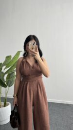 Sırt Dekolteli Tulum - Kahve - Görsel 6