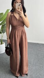 Sırt Dekolteli Tulum - Kahve - Görsel 7