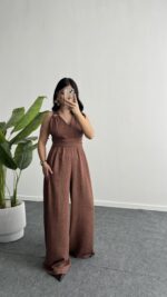 Sırt Dekolteli Tulum - Kahve - Görsel 5