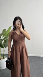 Sırt Dekolteli Tulum - Kahve - Görsel 4