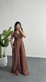 Sırt Dekolteli Tulum - Kahve - Görsel 8