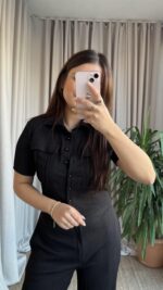 Siyah Likralı Gömlek Pantolon Takım