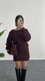 Sofia Kayık Yaka Yün Elbise - Bordo - Görsel 6