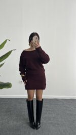 Sofia Kayık Yaka Yün Elbise - Bordo - Görsel 7