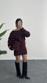 Sofia Kayık Yaka Yün Elbise - Bordo - Görsel 3