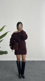 Sofia Kayık Yaka Yün Elbise - Bordo