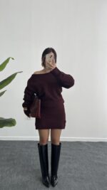 Sofia Kayık Yaka Yün Elbise - Bordo - Görsel 2