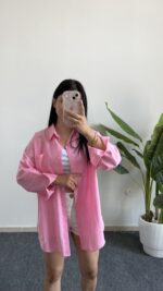 Star Pamuk Keten Gömlek - Pembe - Görsel 3