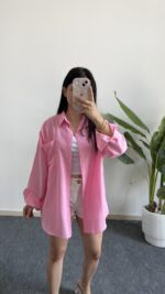 Star Pamuk Keten Gömlek - Pembe - Görsel 4