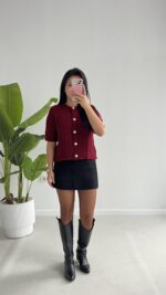 Taida Saç Örgü Hırka - Bordo