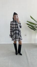 Tetra Volanlı Şifon Elbise - Antrasit - Görsel 4