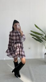 Tetra Volanlı Şifon Elbise - Mürdüm - Görsel 6