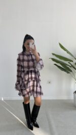 Tetra Volanlı Şifon Elbise - Mürdüm - Görsel 5