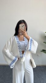 Tiris Nakışlı Kimono Bluz - Beyaz - Görsel 2