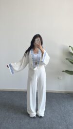 Tiris Nakışlı Kimono Bluz - Beyaz - Görsel 5