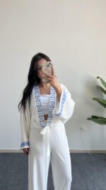 Tiris Nakışlı Kimono Bluz - Beyaz - Görsel 3
