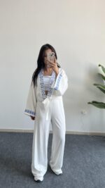 Tiris Nakışlı Kimono Bluz - Beyaz - Görsel 4