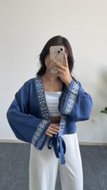 Tiris Nakışlı Kimono Bluz - Lacivert - Görsel 3