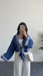 Tiris Nakışlı Kimono Bluz - Lacivert - Görsel 5