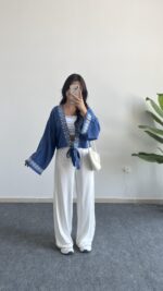 Tiris Nakışlı Kimono Bluz - Lacivert