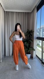 Turuncu Balon Model Keten Pantolon