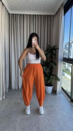 Turuncu Balon Model Keten Pantolon - Görsel 3