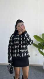 Veleni Baklava Desen Triko Hırka - Siyah