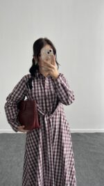 Velin Ekose Maxi Elbise - Bordo - Görsel 2