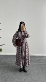 Velin Ekose Maxi Elbise - Bordo - Görsel 5