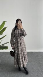 Velin Ekose Maxi Elbise - Kahve - Görsel 2