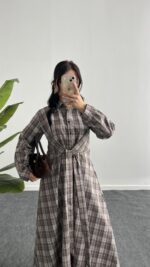 Velin Ekose Maxi Elbise - Kahve - Görsel 3