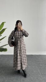 Velin Ekose Maxi Elbise - Kahve - Görsel 6