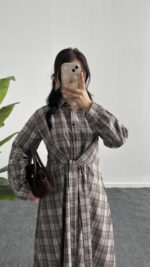 Velin Ekose Maxi Elbise - Kahve - Görsel 7