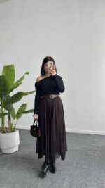 Veny Asimetrik Tül Etek - Kahve