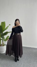 Veny Asimetrik Tül Etek - Kahve - Görsel 6