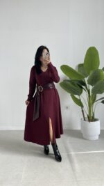 Vetra Çan Kemerli Elbise - Bordo